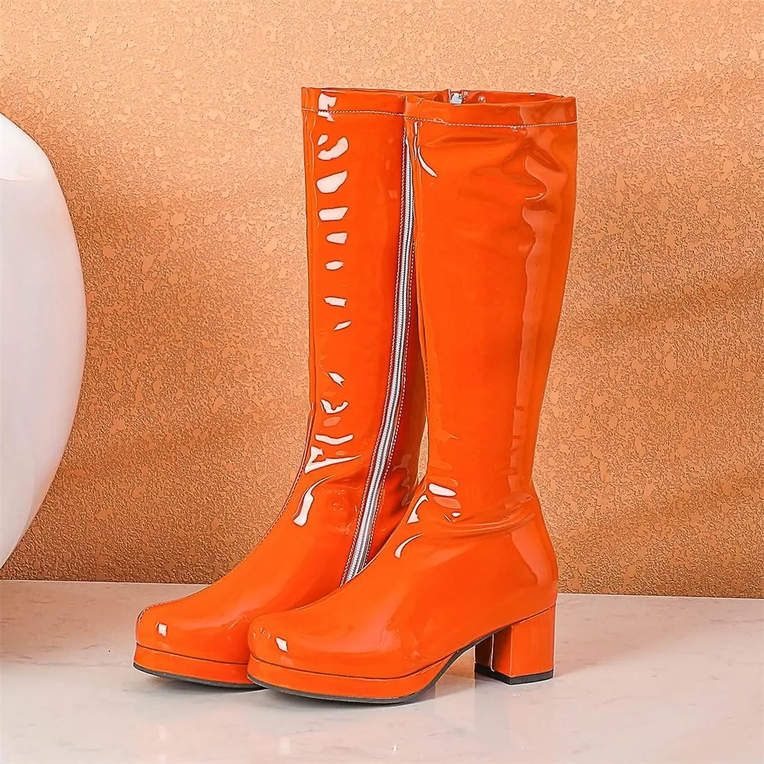 YIYA Women's Knee High GOGO Boots Colorful Patent Leather Waterproof Rain Boots Chunky Low Heel Party Costume Shoes
