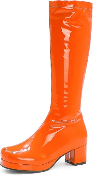 YIYA Women's Knee High GOGO Boots Colorful Patent Leather Waterproof Rain Boots Chunky Low Heel Party Costume Shoes