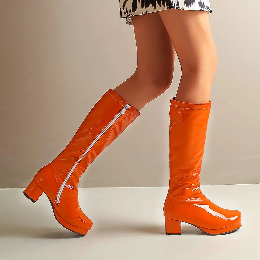 YIYA Women's Knee High GOGO Boots Colorful Patent Leather Waterproof Rain Boots Chunky Low Heel Party Costume Shoes