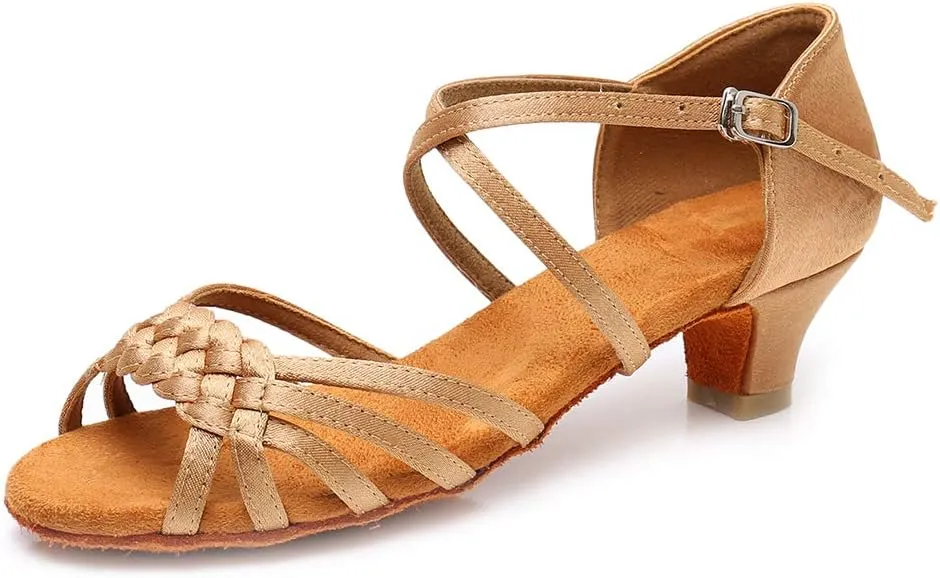 YKXLM Girls Latin Dance Shoes Kids Low Heels Tango Salsa Ballroom Practice Dance Shoes, 1208,Beige,11 M Little Kid