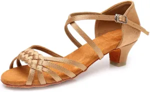 YKXLM Girls Latin Dance Shoes Kids Low Heels Tango Salsa Ballroom Practice Dance Shoes, 1208,Beige,11 M Little Kid