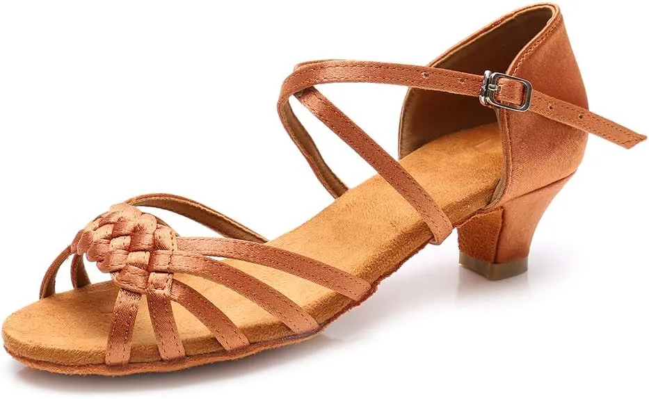 YKXLM Girls Latin Dance Shoes Kids Low Heels Tango Salsa Ballroom Practice Dance Shoes, 1208,Brown, 7 M Little Kid