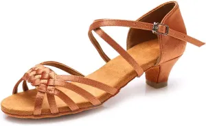 YKXLM Girls Latin Dance Shoes Kids Low Heels Tango Salsa Ballroom Practice Dance Shoes, 1208,Brown,13 M Little Kid