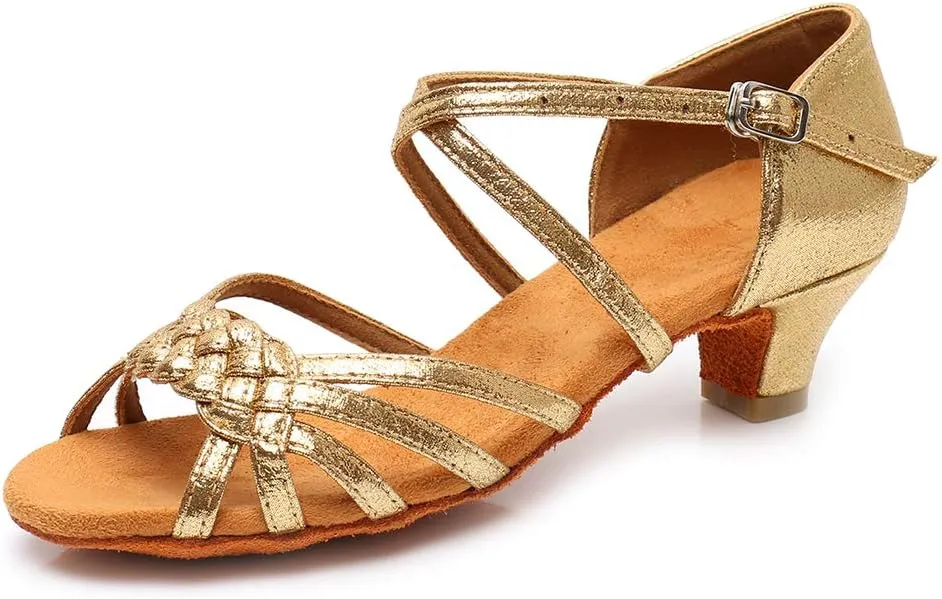 YKXLM Girls Latin Dance Shoes Kids Low Heels Tango Salsa Ballroom Practice Dance Shoes, 1208,Gold, 2 M Little Kid