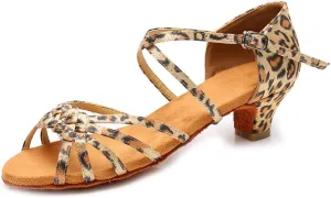 YKXLM Girls Latin Dance Shoes Kids Low Heels Tango Salsa Ballroom Practice Dance Shoes, 1208,Leopard, 2.5 M Little Kid