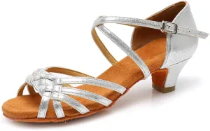 YKXLM Girls Latin Dance Shoes Kids Low Heels Tango Salsa Ballroom Practice Dance Shoes, 1208,Silver, 7 M Little Kid