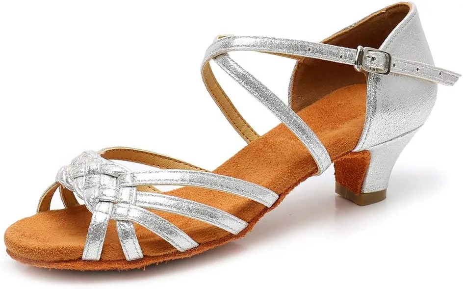 YKXLM Girls Latin Dance Shoes Kids Low Heels Tango Salsa Ballroom Practice Dance Shoes, 1208,Silver, 7 M Little Kid