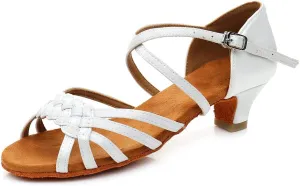YKXLM Girls Latin Dance Shoes Kids Low Heels Tango Salsa Ballroom Practice Dance Shoes, 1208,White, 4 M Little Kid