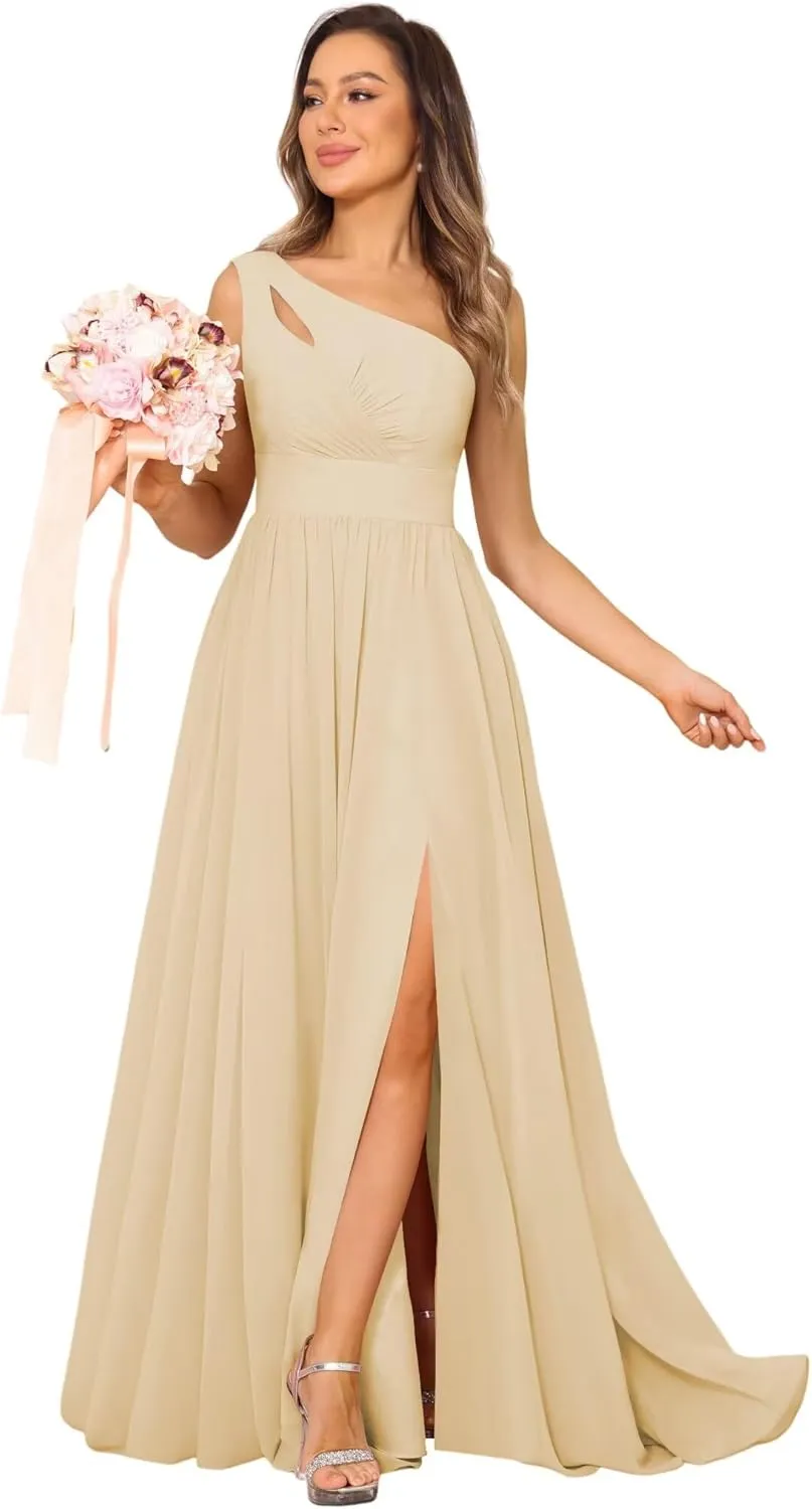YOFF One Shoulder Bridesmaid Dresses with Slit Long A-line Pleated Chiffon Formal Party Dresses YO037