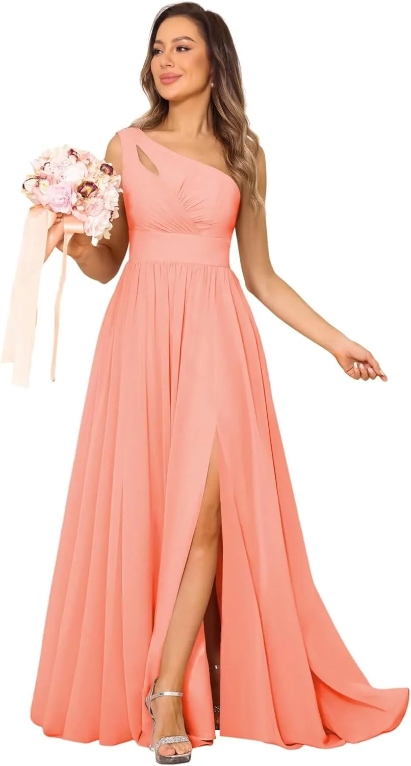 YOFF One Shoulder Bridesmaid Dresses with Slit Long A-line Pleated Chiffon Formal Party Dresses YO037