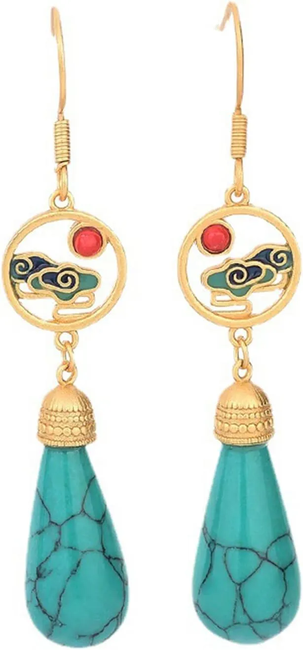 YOURUIDA Enamel Colorful Auspicious Cloud Gold Plated Turquoise Long Drop Dangle Earrings, 925 Sterling Silver Durable Hook Earrings, Retro Jewelry Gift for Women